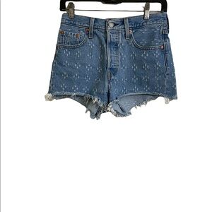Levi’s 501 Highrise denim shorts Dottie blue gray hem. Button fly. Size25